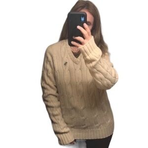 VTG Abercrombie & Fitch Wool Cable Knit Fisherman Dad Sweater V Neck Cream M